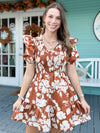 rust color mini dress with cream flowers 
