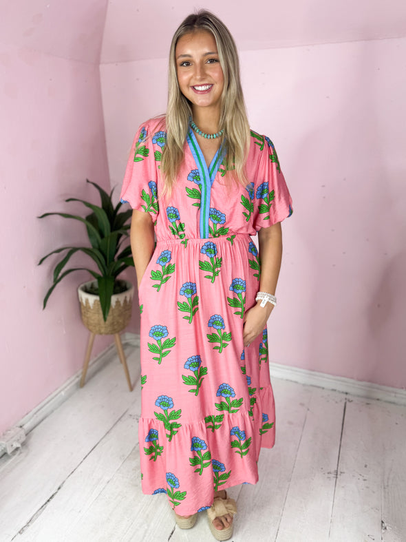 pink and blue floral dress