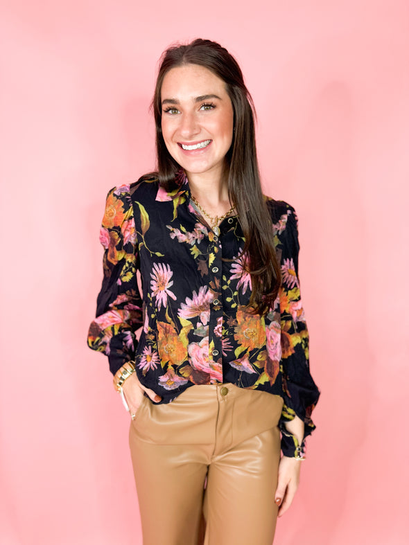 black floral button down long sleeve top 