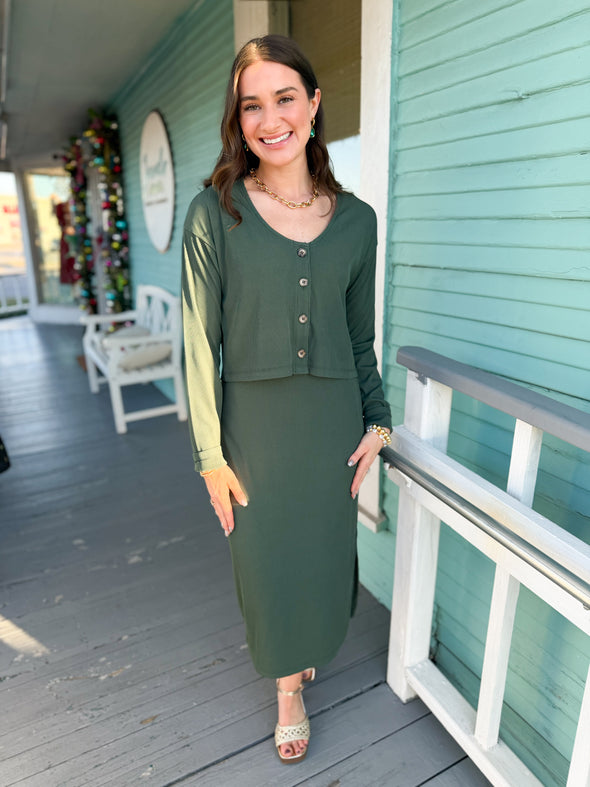 The Terry Ribbed Dress Set-Green