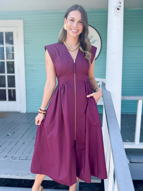 The Starla Zipper Midi Dress-Wine