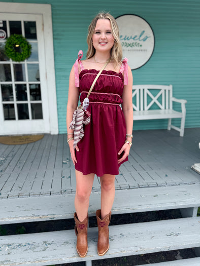 The Delaney Smocked Dress-Maroon