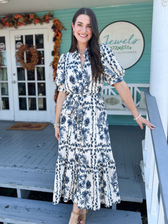 The Colson Floral Midi Dress-Blue