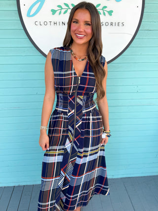 (THML) The Crystal Plaid Zip Midi Dress-Navy