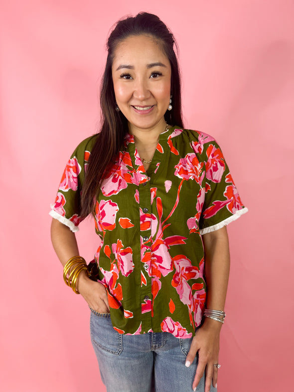 (THML) The Alanis Floral Top-Green