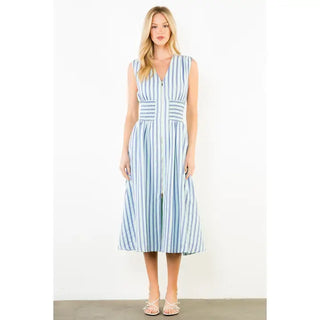 (THML) The Veronica Stripe Zip Midi Dress-Blue