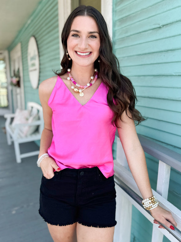 The Rosie Satin Tank-Hot Pink