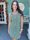 green and white houndstooth dress