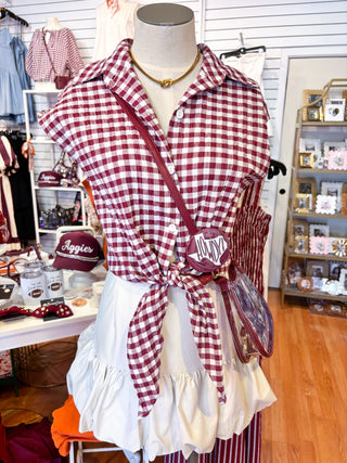 The Sabine Gingham Collar Tie Top-Burgundy