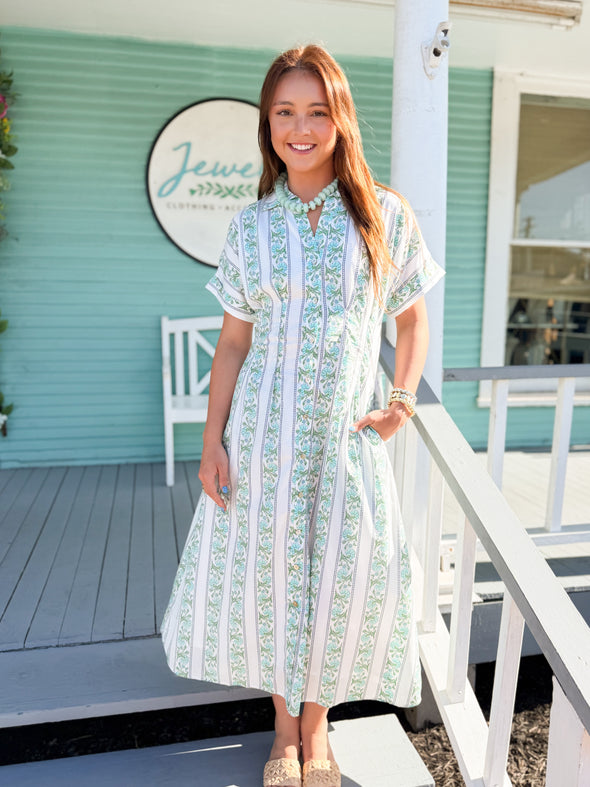 THML) The Kathleen Patterned Midi Dress-Green Jewels Clothing and Accessories THML) The Kathleen Patterned Midi Dress-Green Jewels Clothing and Accessories