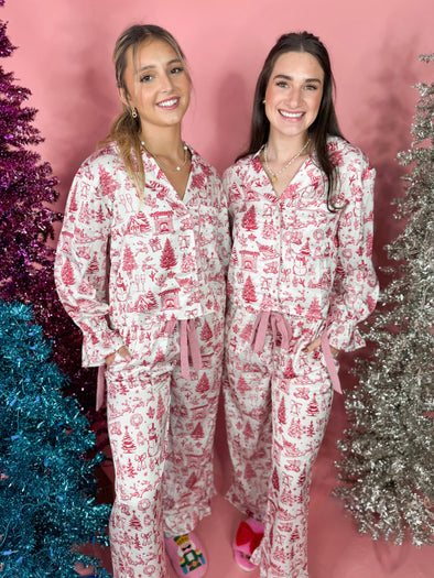 red and white christmas design pj set with bows