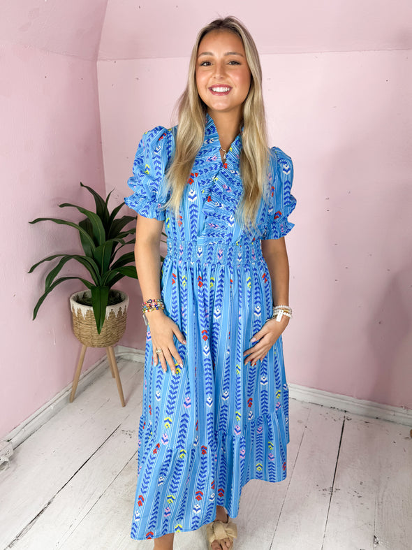 The Celia Printed Ruffle Midi Dress-Blue