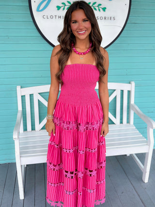 The Illene Stripe Eyelet Strapless Midi Dress-Pink