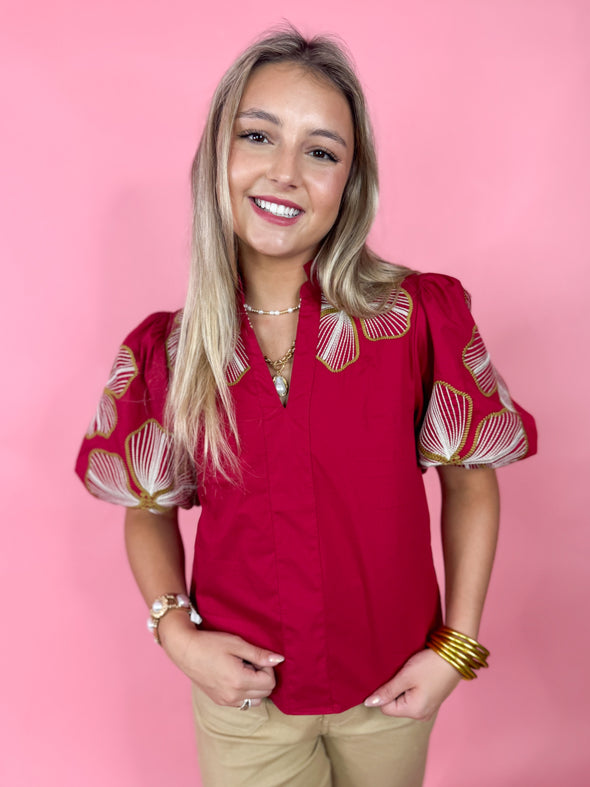 (THML) The Saria Embroidered Top-Burgundy