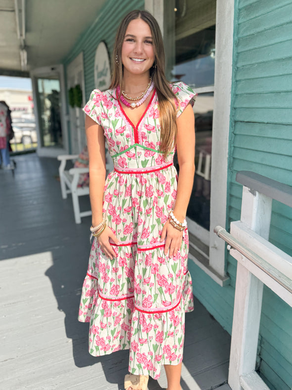 The Elise Floral Midi Dress-Pink