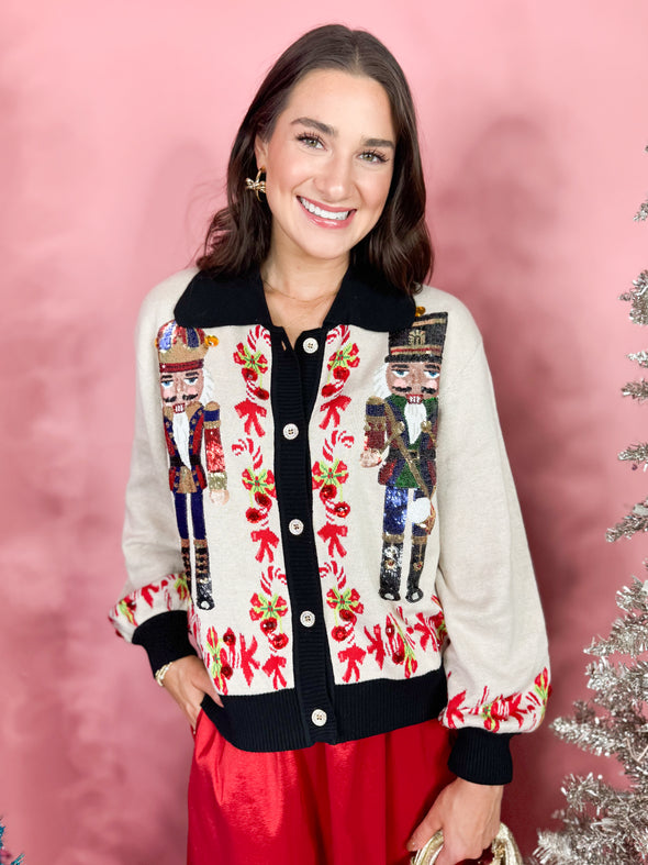 (Queen of Sparkles) The Nutcracker & Candy Cane Cardigan-White