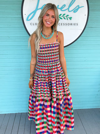 The Carol Plaid Tiered Midi Dress-Multi