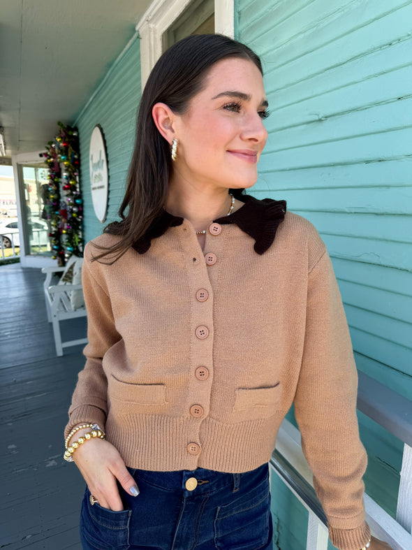 The Cathy Ruffle Cardigan-Camel