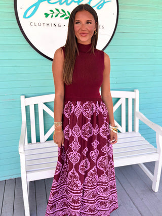 The Heather Printed Midi Dress-Burgundy