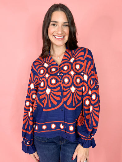 navy geometric pattern long sleeve top 