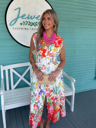 The Tropics Floral Zip Midi Dress-White