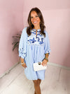 blue embroidered dress