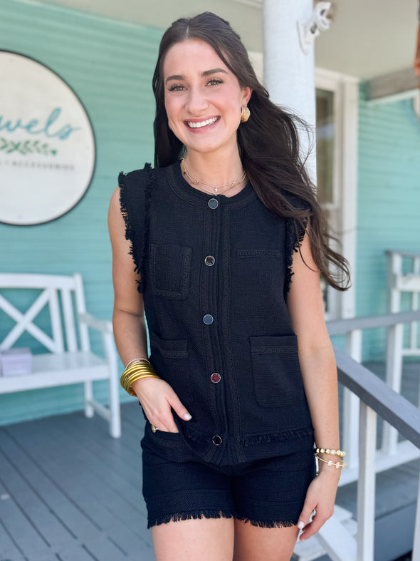 The Jayden Button Up Tweed Vest- Black