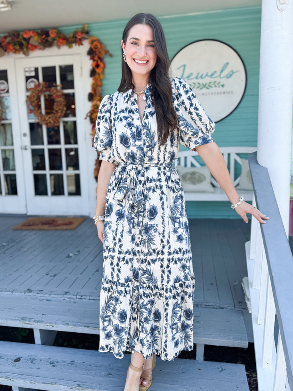 The Colson Floral Midi Dress-Blue
