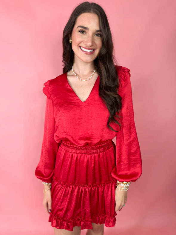 The Andy Long Sleeve Ruffle Skirt Dress-Red