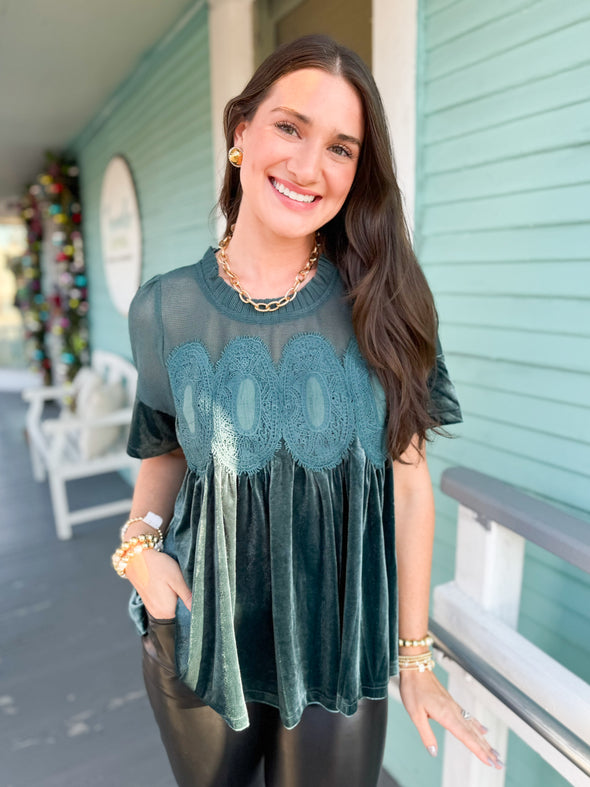 The Bree Velvet Lace Top-Teal