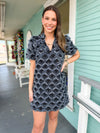 navy fringe geometric pattern dress 