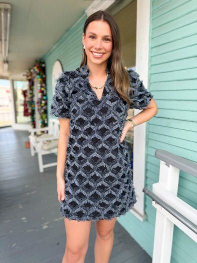 navy fringe geometric pattern dress 