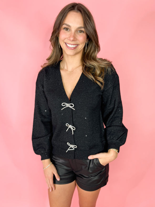 he Fran Sequin Bow Cardigan-Black