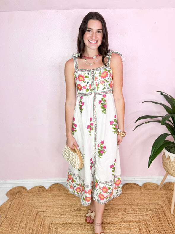 (THML) The Cason Floral Midi Dress-Cream
