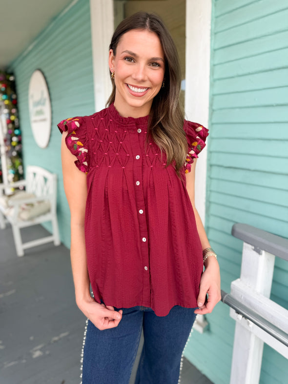 (THML) The Leslie Flutter Sleeve Top-Burgundy