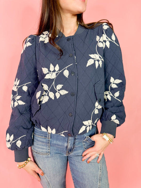The Stacy Floral Quilted Jacket-Navy
