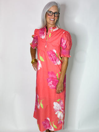 coral dress with pink floral print 