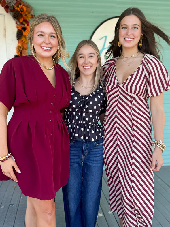 The Ana Striped Smocked Midi Dress-Burgundy