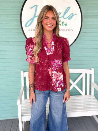 The Dylan Floral Puff Sleeve Top-Burgundy