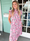 pink floral button down dress with ruffle neckline