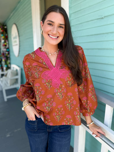 brown and pink floral balloon sleeve top 