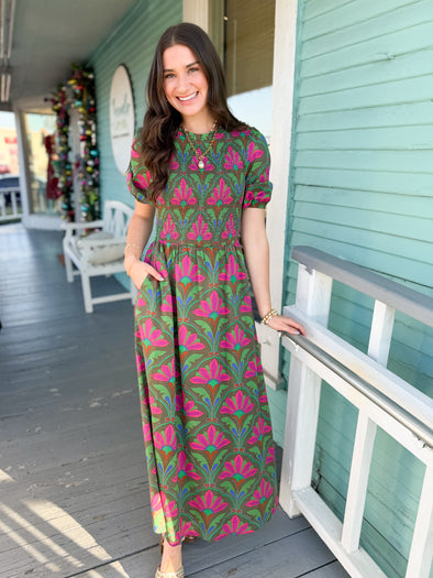 The Lily Floral Smocked Maxi Dress-Green