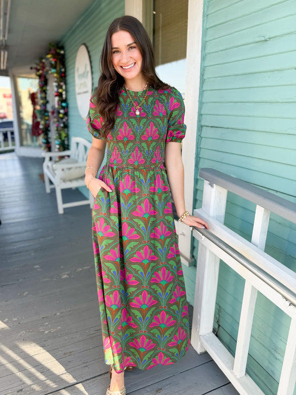 The Lily Floral Smocked Maxi Dress-Green