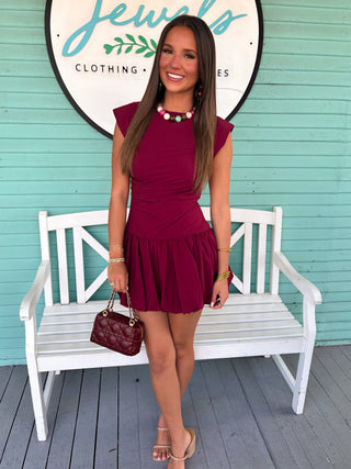 short sleeve burgundy ruffle dress