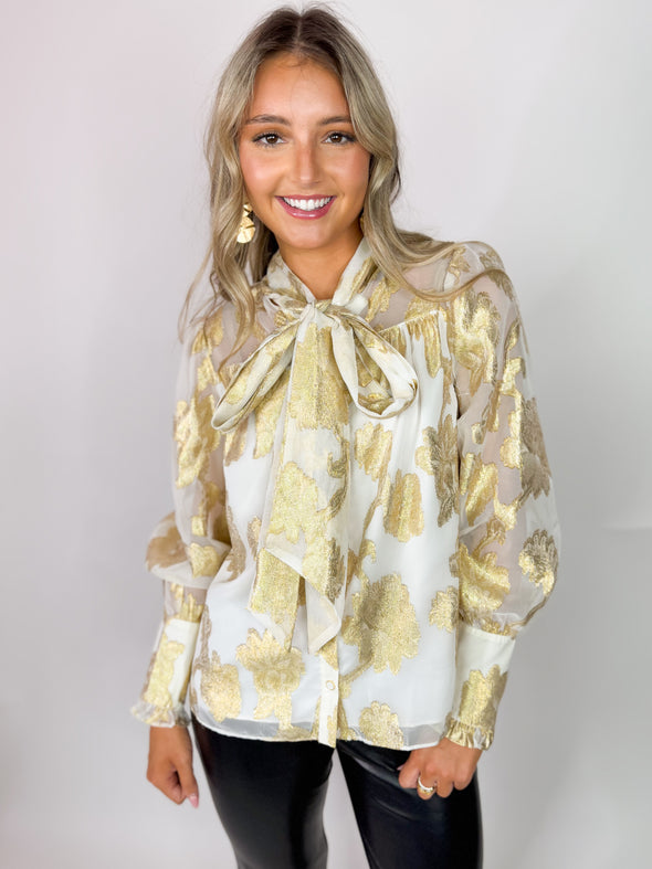 The Mal Metallic Jacquard Blouse-Cream/Gold