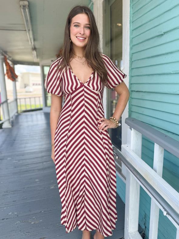 The Ana Striped Smocked Midi Dress-Burgundy