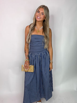 The Gieselle Stripe Sleeveless Midi Dress-Navy