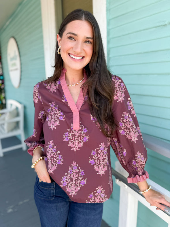burgundy and floral split neck top 