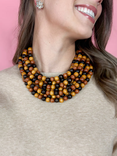 Layer Glossy Wood Beaded Necklace