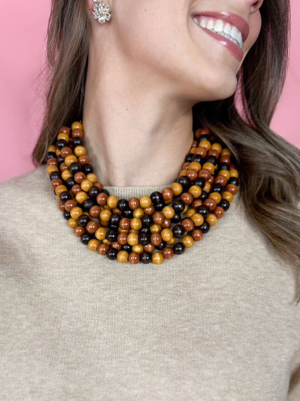 Layer Glossy Wood Beaded Necklace